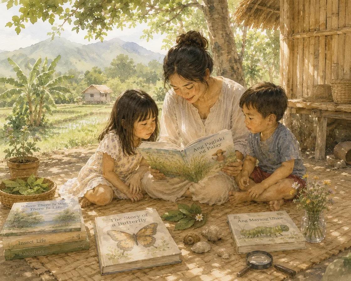 Watercolor of a Filipino mother reading a living book aloud to two young children on a woven mat, with picture books and shells beside them
