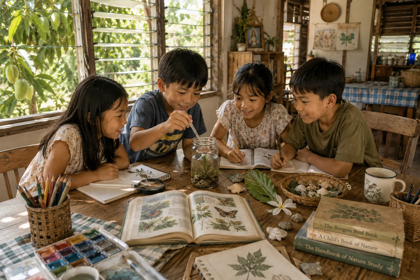 Four Filipino children gathered around a wooden table doing nature study together — examining a jar terrarium, sketching in nature journals, with shells, leaves, watercolor paints, and nature books